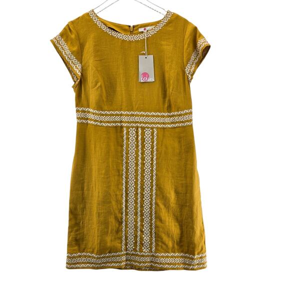 Boden Shift Dress Women 10 NEW 100% Linen Shift Mini Tuscan Yellow Embroidered - Picture 4 of 13